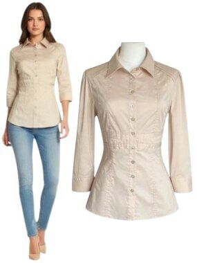 Bebe Button Down Shirt Beige Pleated Waist Fitted Blouse L